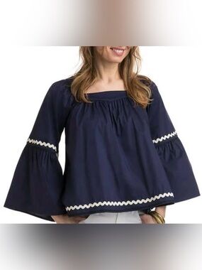 Vineyard Vines Navy Bell Sleeve Blouse with Cream Rickrack